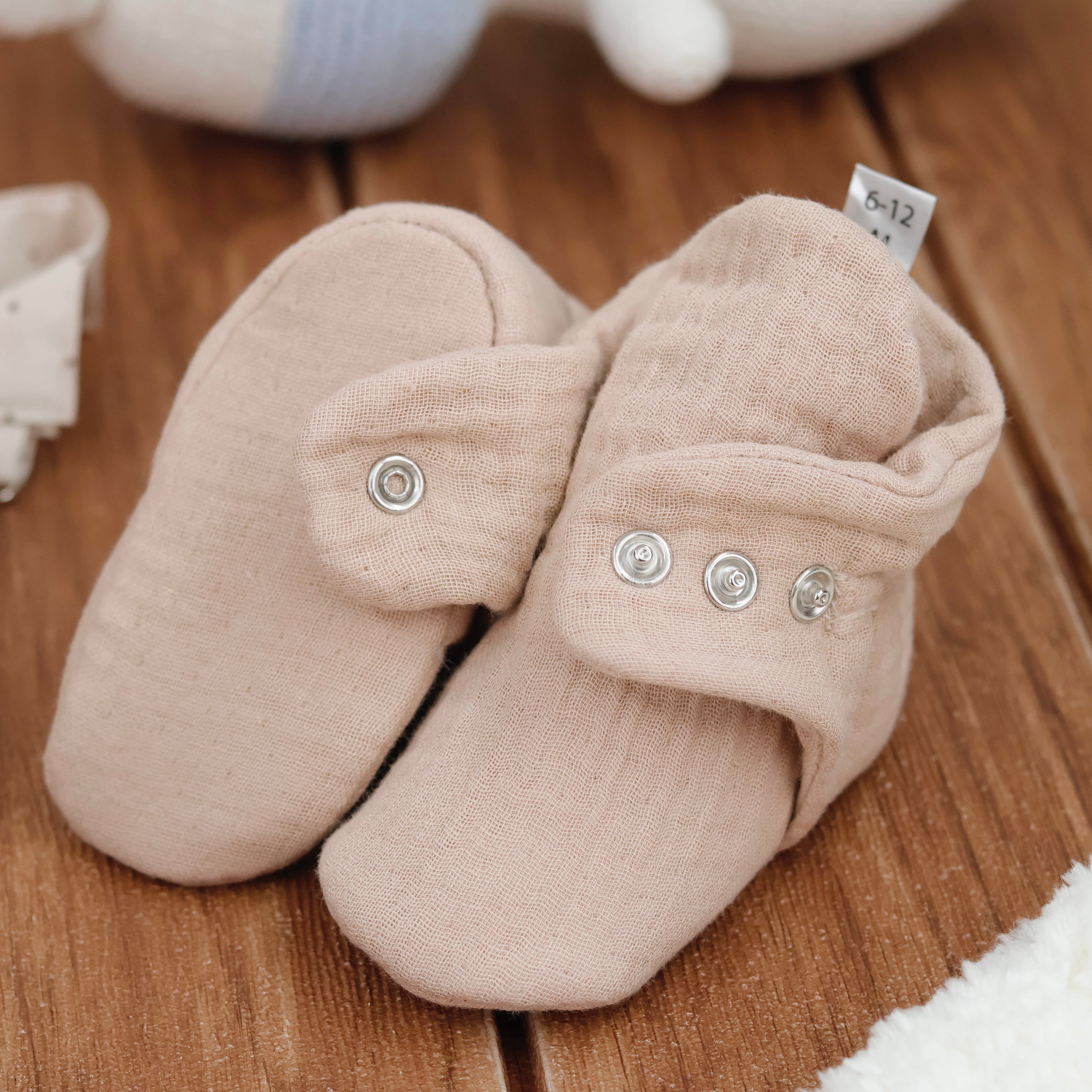 Muslin Stay On Baby Booties Beige