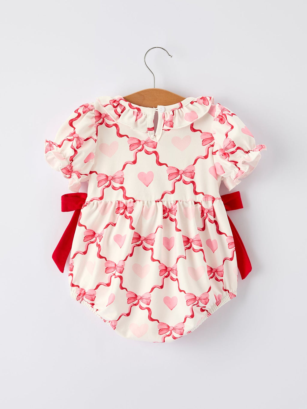 Girls Valentine Romper with Heart Embroidery and Bowknot Design