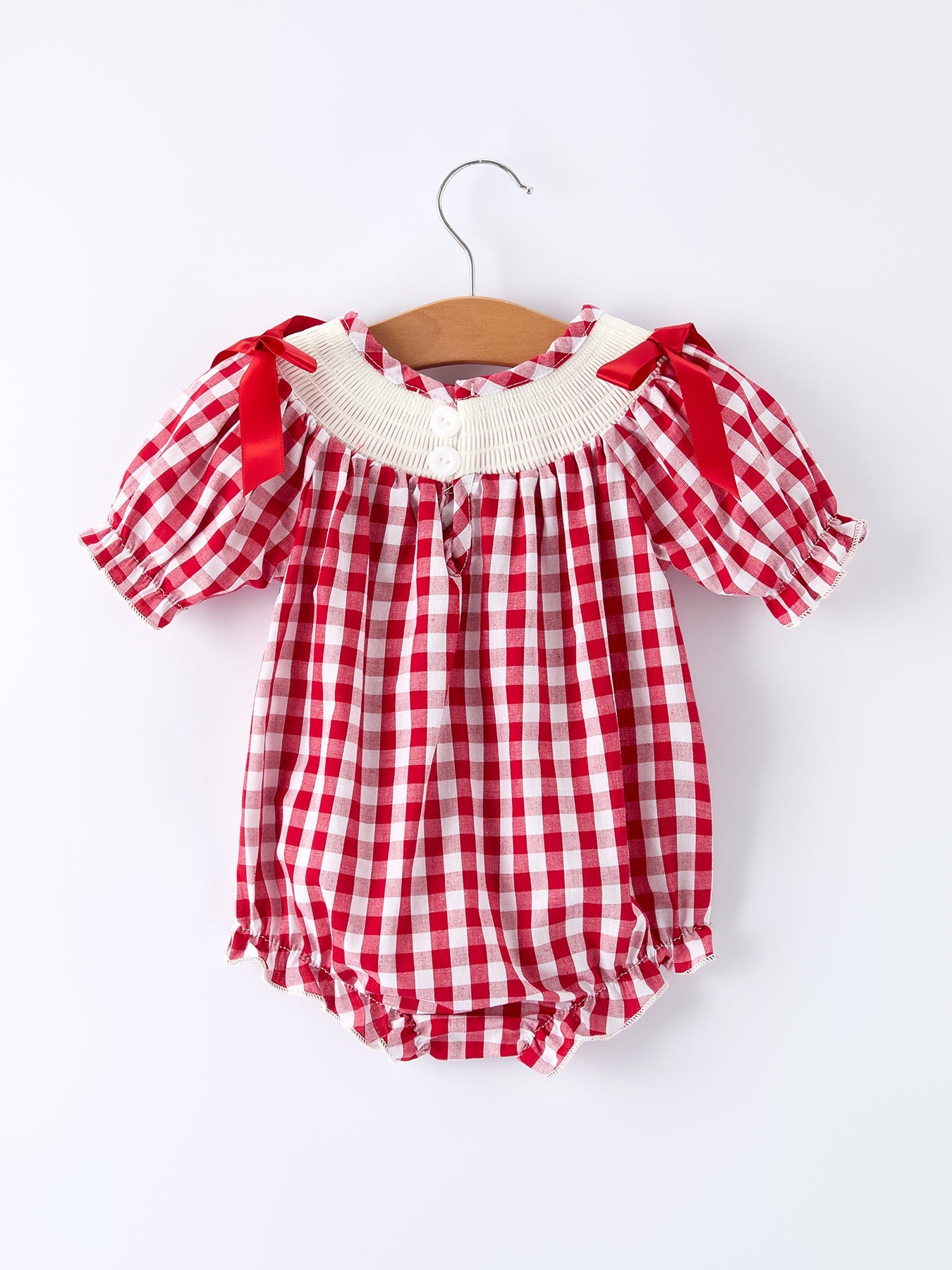 Valentine Red Plaid Romper with Smocked Heart Dog Detail and Bows