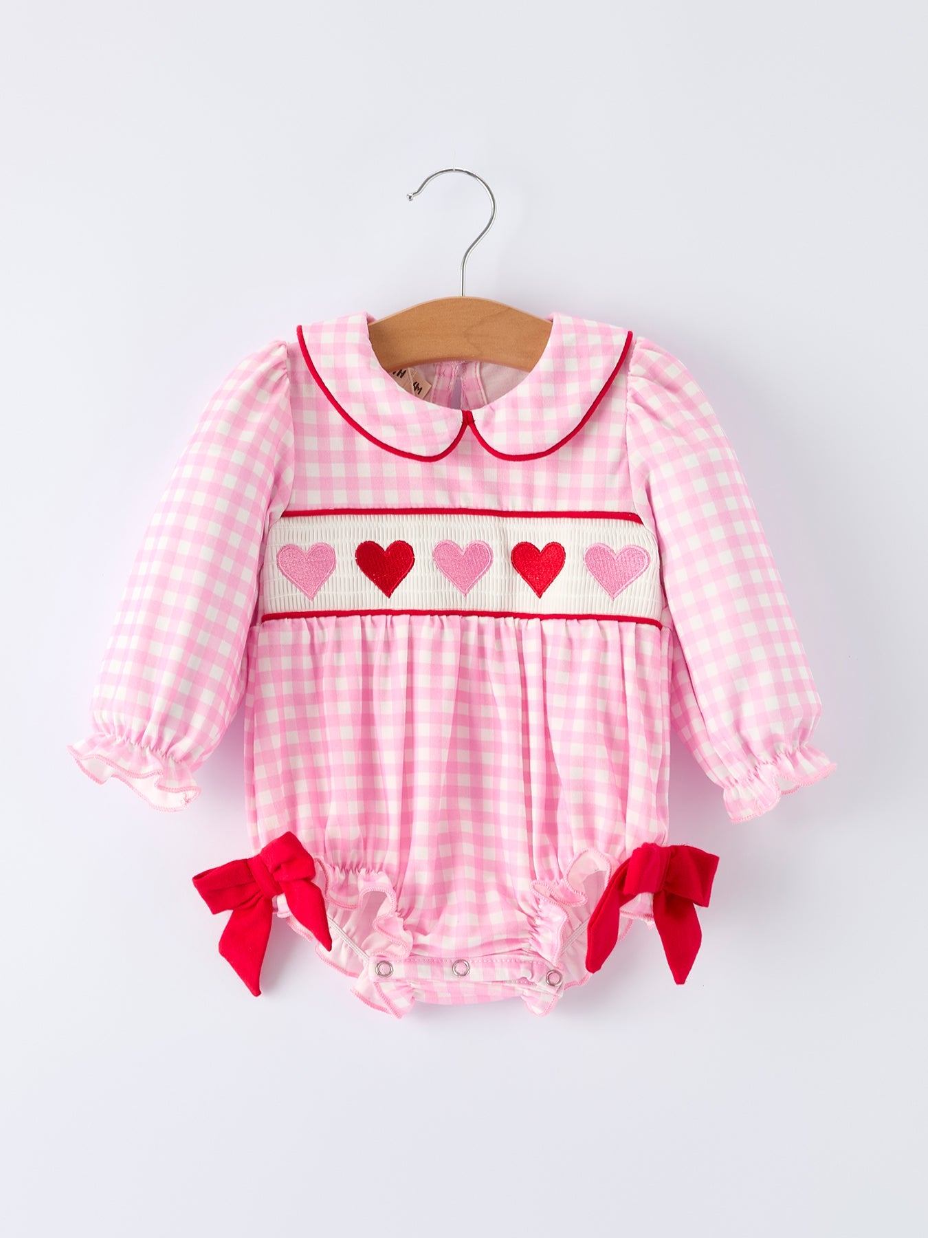 PREORDER Girls' Valentine's Day Heart-embroidered Plaid Baby Romper