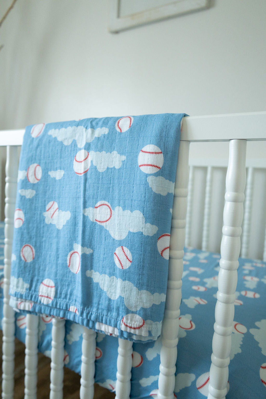 Organic Bamboo Cotton Muslin Swaddle Blanket in Baseballs in the Sky