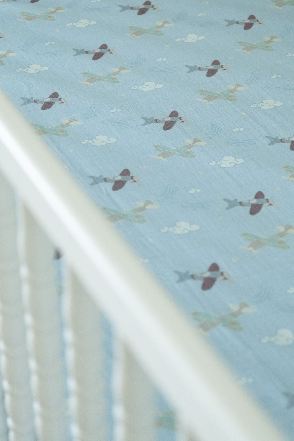 Organic Bamboo Cotton Muslin Crib Sheet in Dreamy Planes