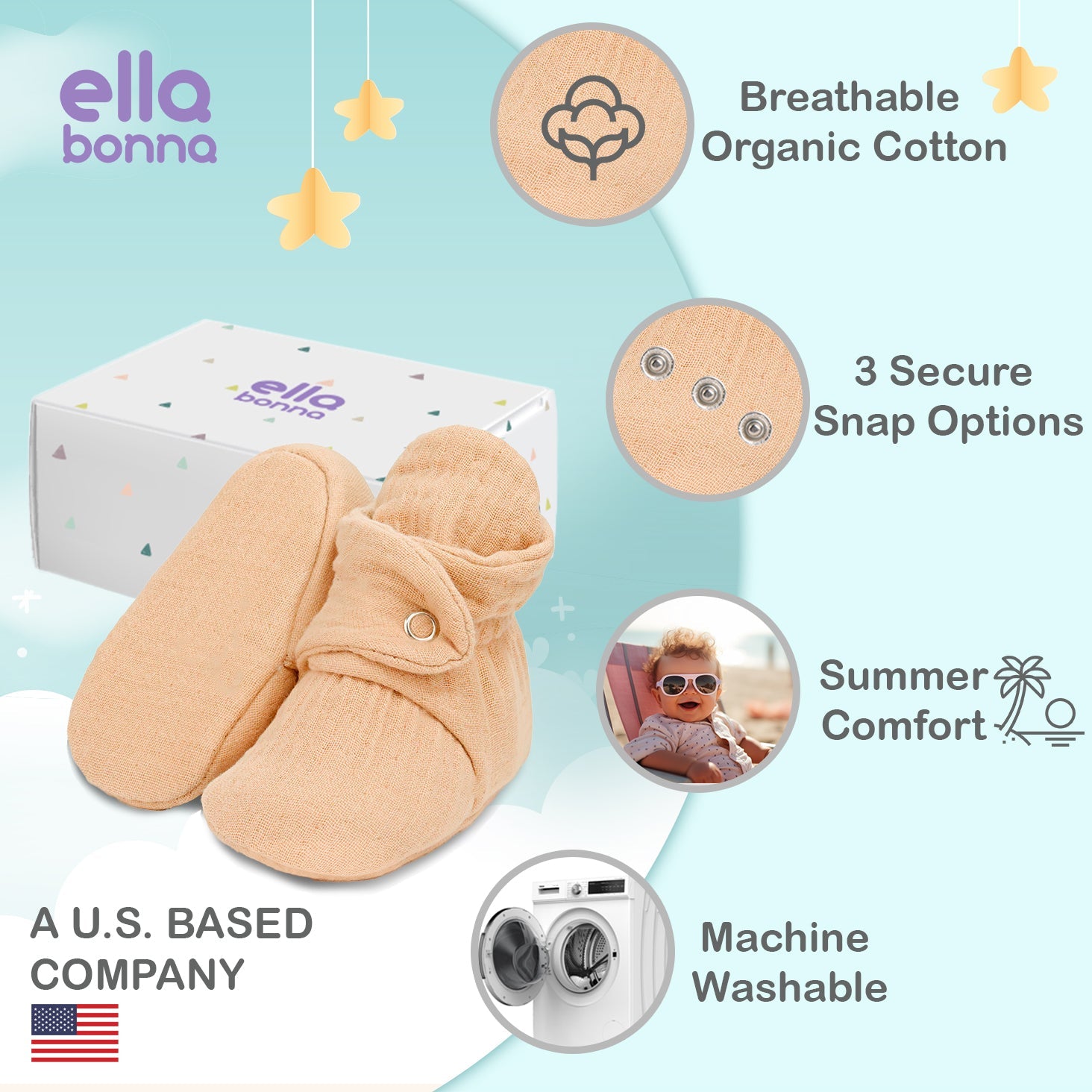 Muslin Stay On Baby Booties Beige