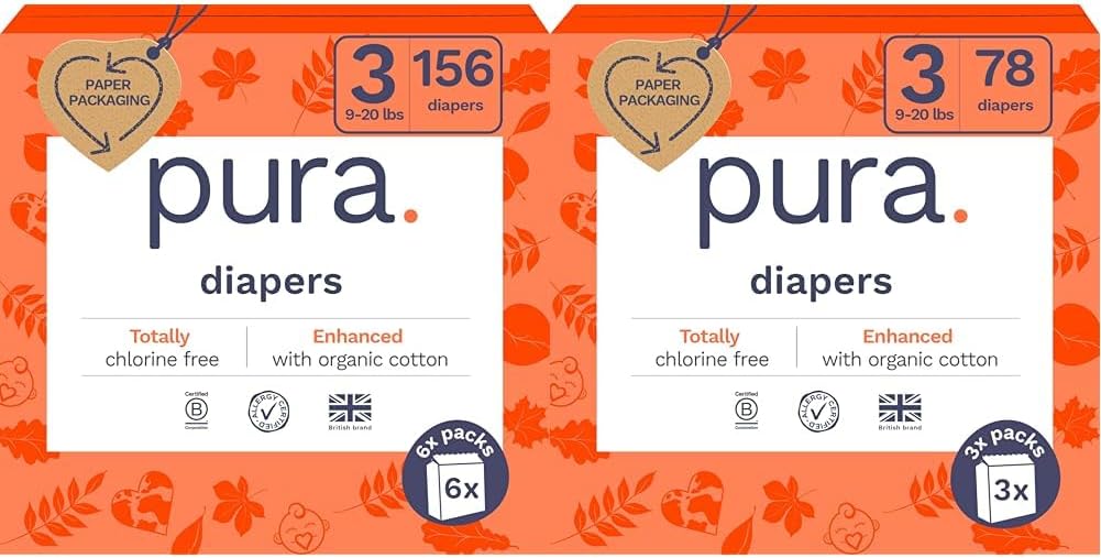 Pura Size 6 Eco-Friendly Diapers (29+ lbs) Hypoallergenic, Soft Organic Cotton, Sustainable, up to 12 Hours Leak Protection, Allergy UK, Recyclable Paper Packaging, 18 Count (Pack of 3) (54 Diapers)