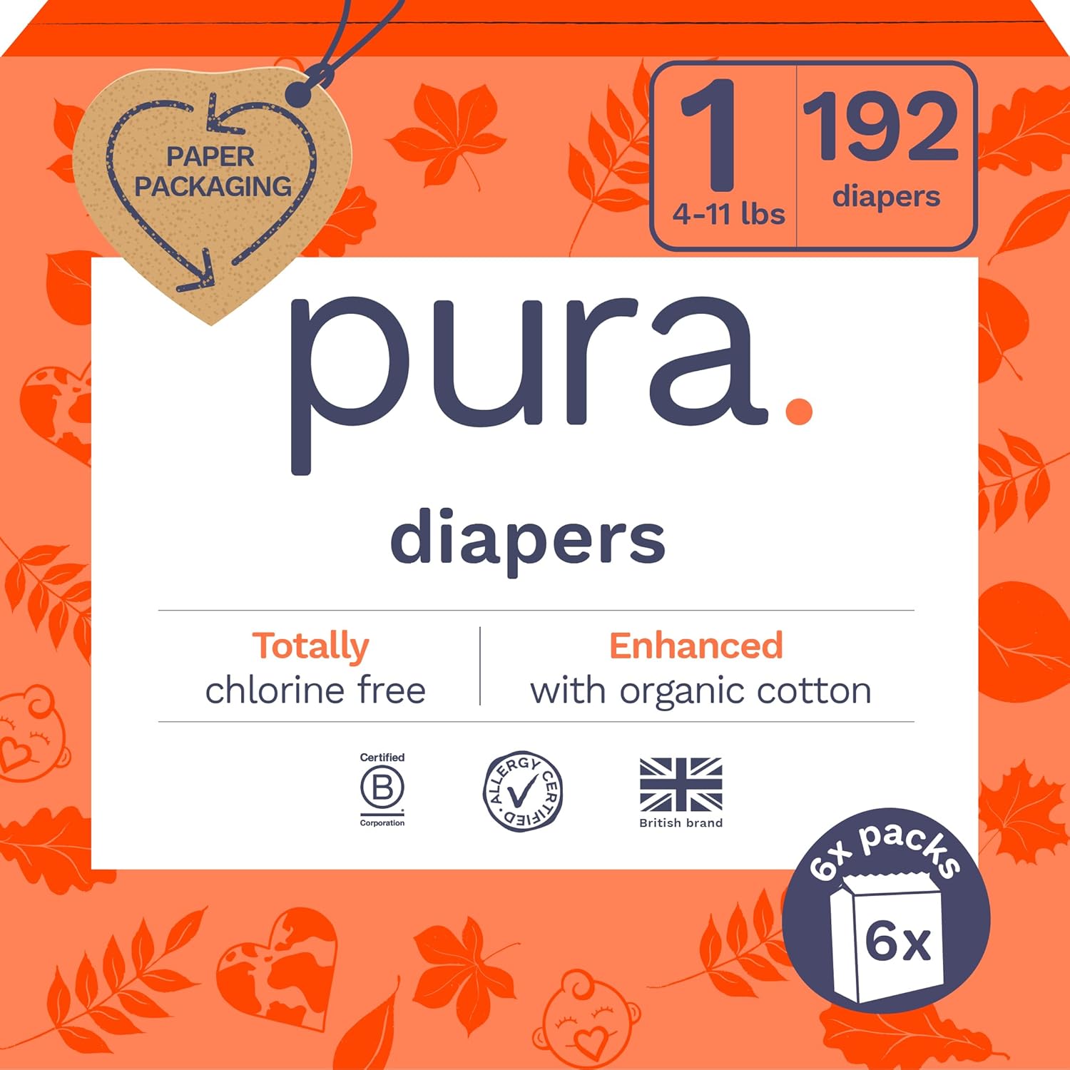 Pura Size 6 Eco-Friendly Diapers (29+ lbs) Hypoallergenic, Soft Organic Cotton, Sustainable, up to 12 Hours Leak Protection, Allergy UK, Recyclable Paper Packaging, 18 Count (Pack of 3) (54 Diapers)