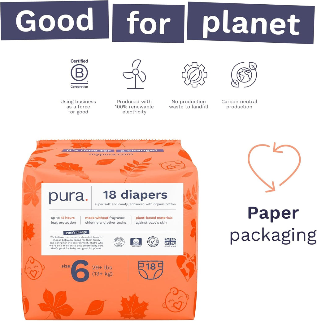 Pura Size 6 Eco-Friendly Diapers (29+ lbs) Hypoallergenic, Soft Organic Cotton, Sustainable, up to 12 Hours Leak Protection, Allergy UK, Recyclable Paper Packaging, 18 Count (Pack of 3) (54 Diapers)
