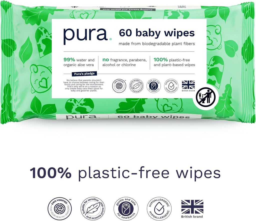Pura Natural Sensitive Baby Wipes, 99% Water, Unscented & Hypoallergenic, Suitable for Sensitive & Eczema-prone Skin, Hypoallergenic, EWG Verified, 10 Pack of 60 Wet Wipes (600 Diaper Wipes) Bulk Buy