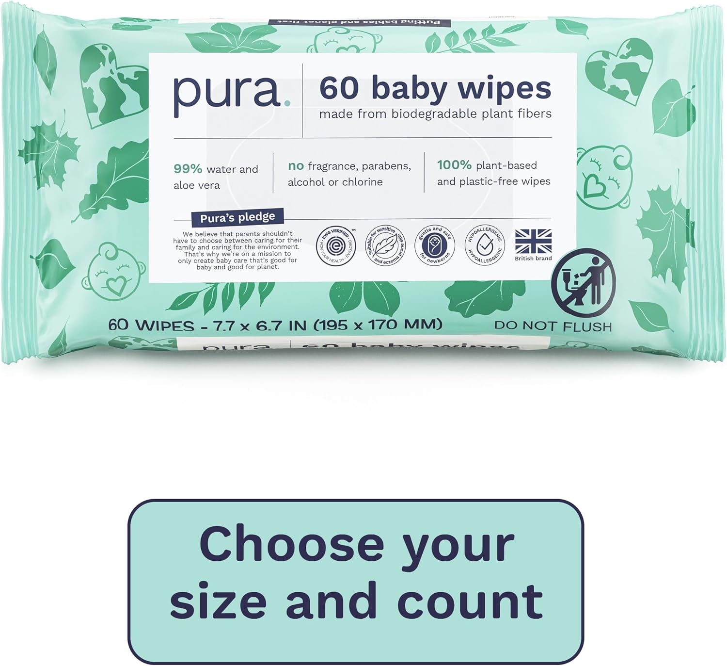 Pura Natural Sensitive Baby Wipes, 99% Water, Unscented & Hypoallergenic, Suitable for Sensitive & Eczema-prone Skin, Hypoallergenic, EWG Verified, 10 Pack of 60 Wet Wipes (600 Diaper Wipes) Bulk Buy