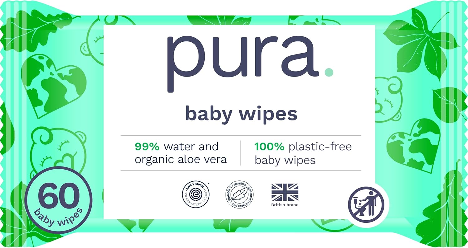 Pura Natural Sensitive Baby Wipes, 99% Water, Unscented & Hypoallergenic, Suitable for Sensitive & Eczema-prone Skin, Hypoallergenic, EWG Verified, 10 Pack of 60 Wet Wipes (600 Diaper Wipes) Bulk Buy