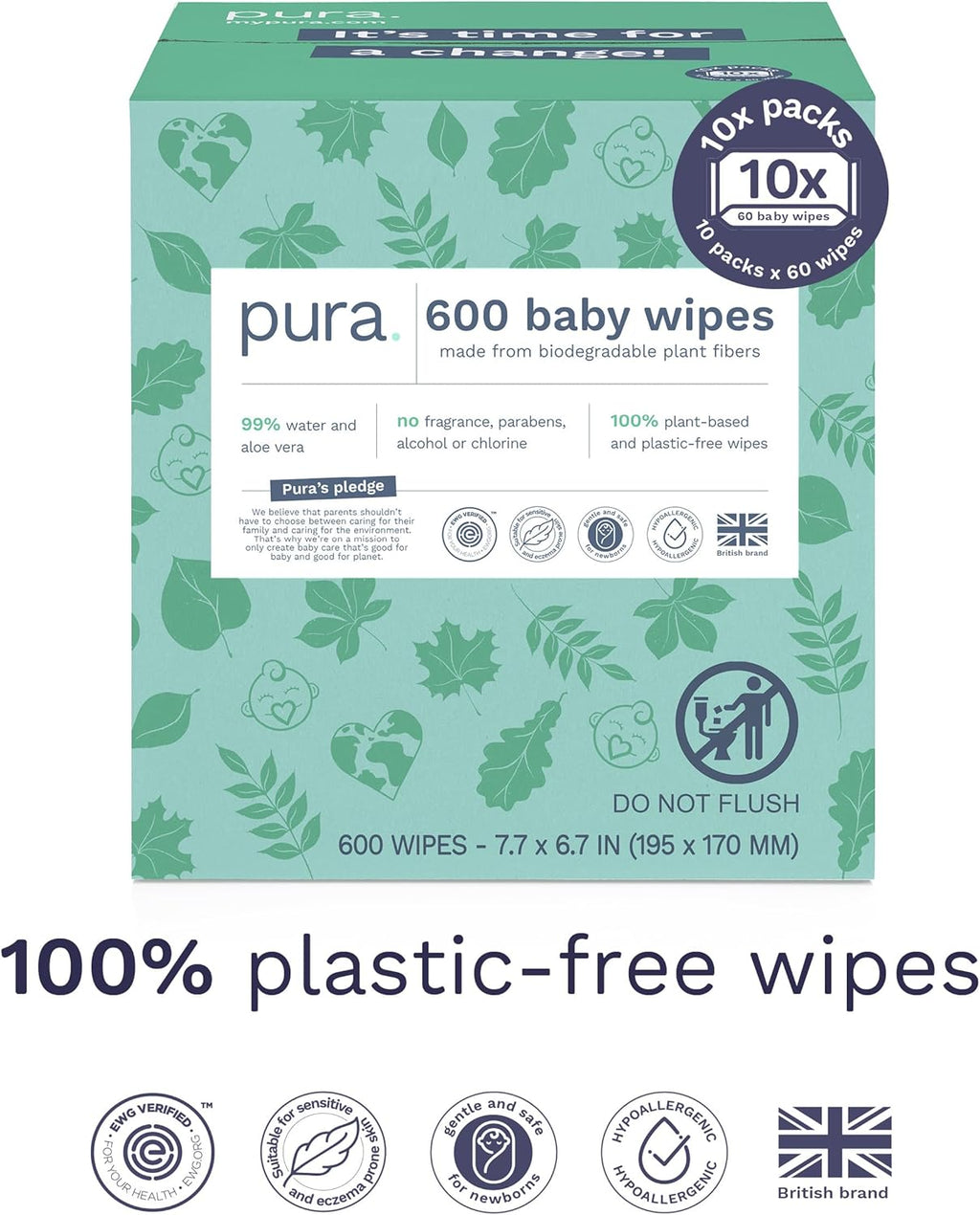Pura Natural Sensitive Baby Wipes, 99% Water, Unscented & Hypoallergenic, Suitable for Sensitive & Eczema-prone Skin, Hypoallergenic, EWG Verified, 10 Pack of 60 Wet Wipes (600 Diaper Wipes) Bulk Buy