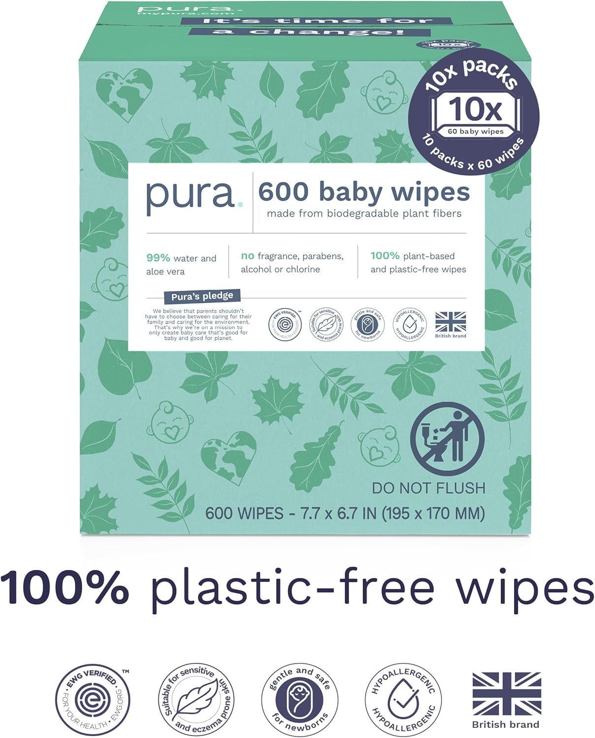 Pura Natural Sensitive Baby Wipes, 99% Water, Unscented & Hypoallergenic, Suitable for Sensitive & Eczema-prone Skin, Hypoallergenic, EWG Verified, 10 Pack of 60 Wet Wipes (600 Diaper Wipes) Bulk Buy