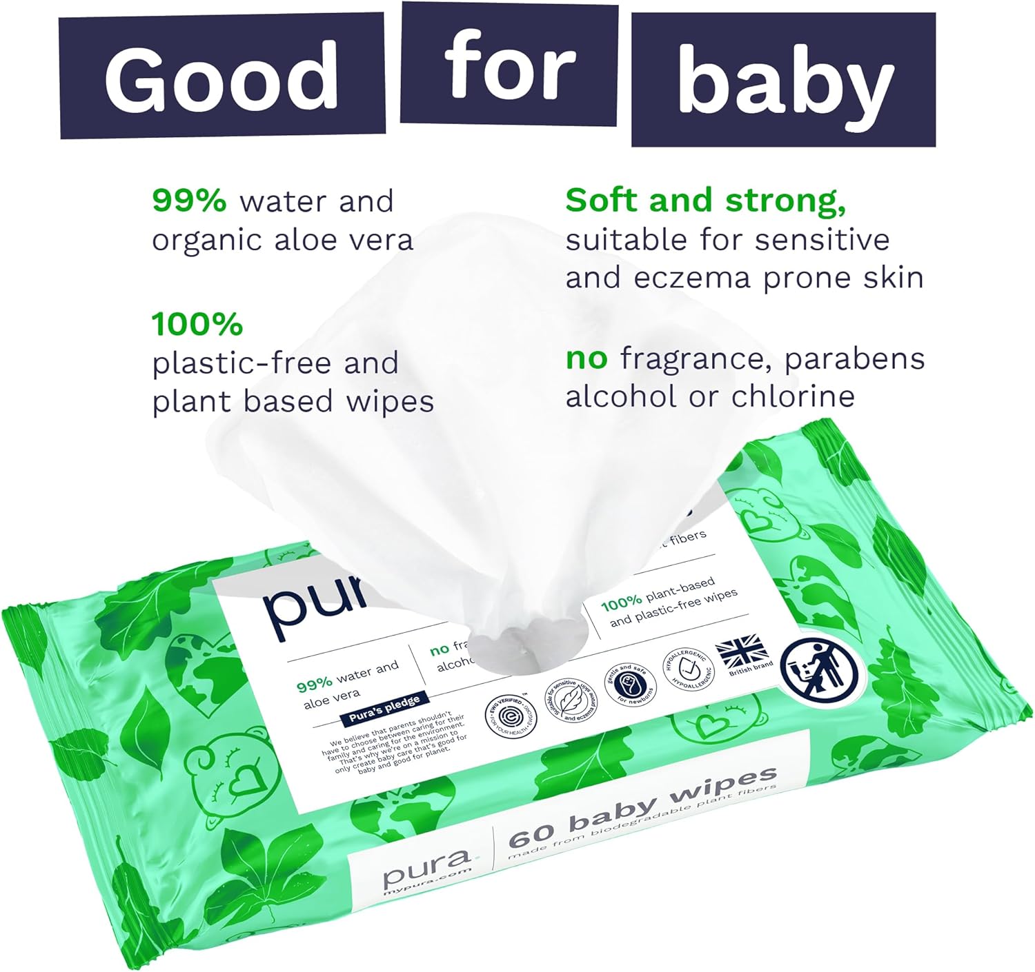 Pura Natural Sensitive Baby Wipes, 99% Water, Unscented & Hypoallergenic, Suitable for Sensitive & Eczema-prone Skin, Hypoallergenic, EWG Verified, 10 Pack of 60 Wet Wipes (600 Diaper Wipes) Bulk Buy