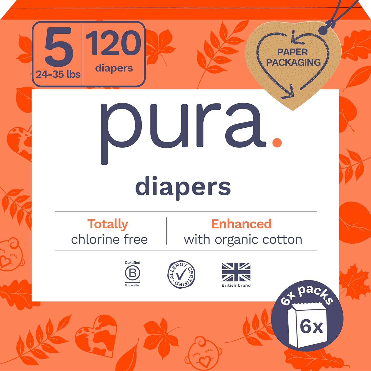 Pura Size 6 Eco-Friendly Diapers (29+ lbs) Hypoallergenic, Soft Organic Cotton, Sustainable, up to 12 Hours Leak Protection, Allergy UK, Recyclable Paper Packaging, 18 Count (Pack of 3) (54 Diapers)