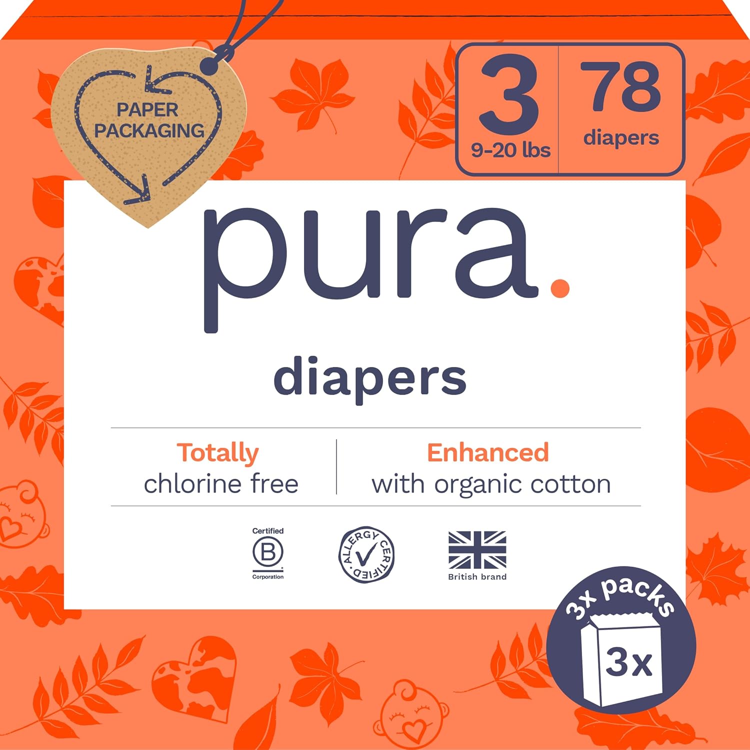 Pura Size 6 Eco-Friendly Diapers (29+ lbs) Hypoallergenic, Soft Organic Cotton, Sustainable, up to 12 Hours Leak Protection, Allergy UK, Recyclable Paper Packaging, 18 Count (Pack of 3) (54 Diapers)