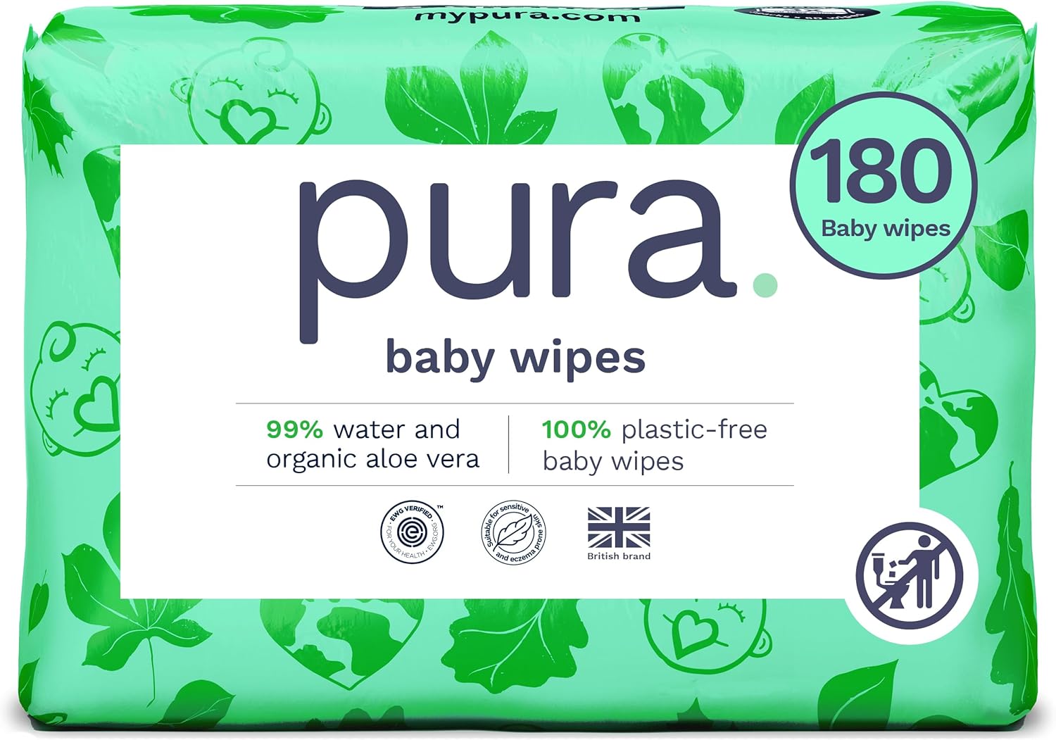 Pura Natural Sensitive Baby Wipes, 99% Water, Unscented & Hypoallergenic, Suitable for Sensitive & Eczema-prone Skin, Hypoallergenic, EWG Verified, 10 Pack of 60 Wet Wipes (600 Diaper Wipes) Bulk Buy