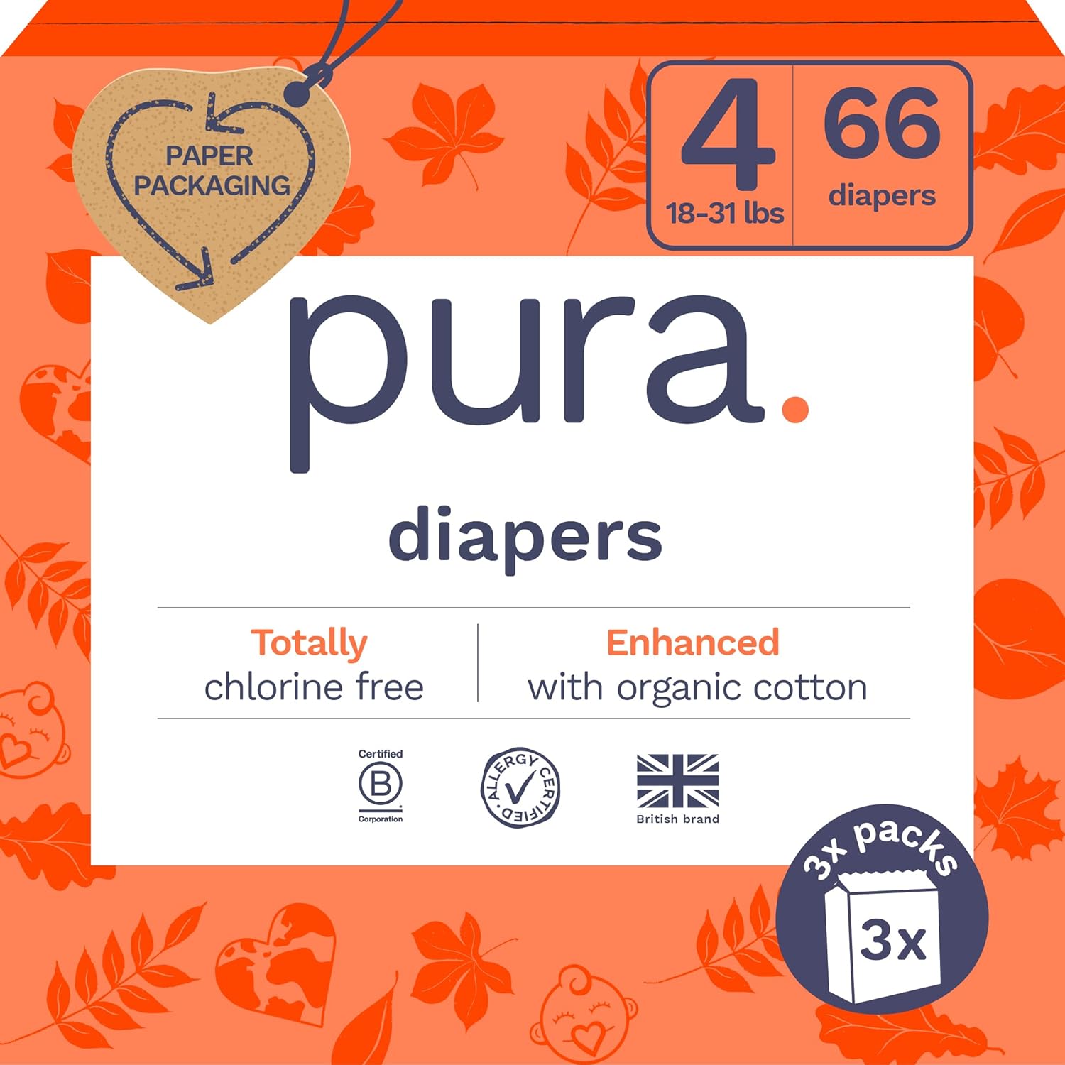 Pura Size 6 Eco-Friendly Diapers (29+ lbs) Hypoallergenic, Soft Organic Cotton, Sustainable, up to 12 Hours Leak Protection, Allergy UK, Recyclable Paper Packaging, 18 Count (Pack of 3) (54 Diapers)
