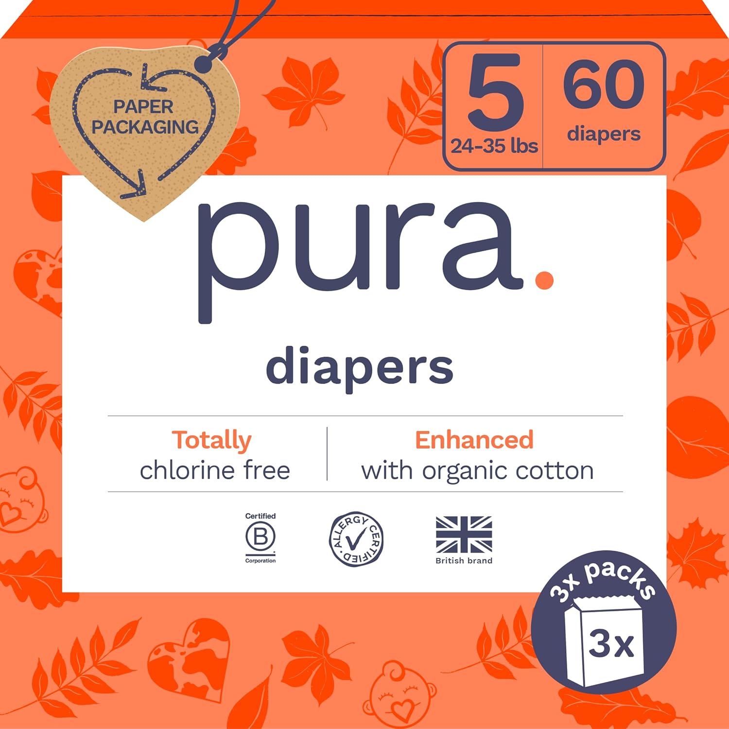 Pura Size 6 Eco-Friendly Diapers (29+ lbs) Hypoallergenic, Soft Organic Cotton, Sustainable, up to 12 Hours Leak Protection, Allergy UK, Recyclable Paper Packaging, 18 Count (Pack of 3) (54 Diapers)