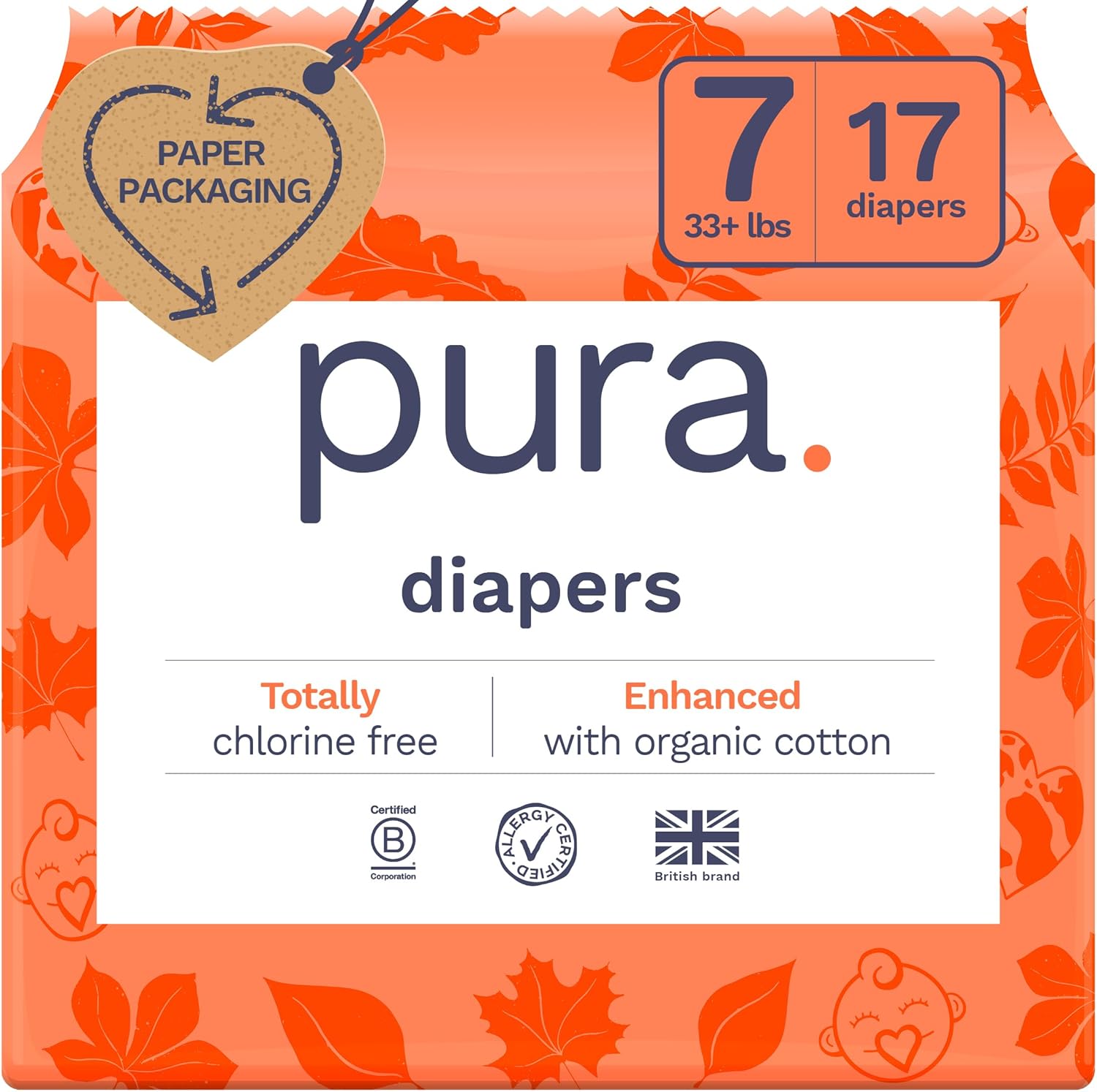 Pura Size 6 Eco-Friendly Diapers (29+ lbs) Hypoallergenic, Soft Organic Cotton, Sustainable, up to 12 Hours Leak Protection, Allergy UK, Recyclable Paper Packaging, 18 Count (Pack of 3) (54 Diapers)