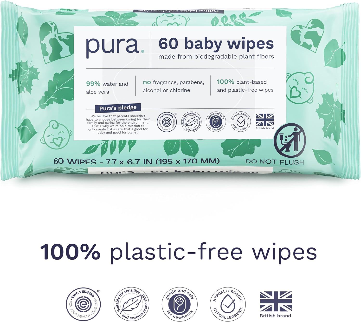 Pura Natural Sensitive Baby Wipes, 99% Water, Unscented & Hypoallergenic, Suitable for Sensitive & Eczema-prone Skin, Hypoallergenic, EWG Verified, 10 Pack of 60 Wet Wipes (600 Diaper Wipes) Bulk Buy