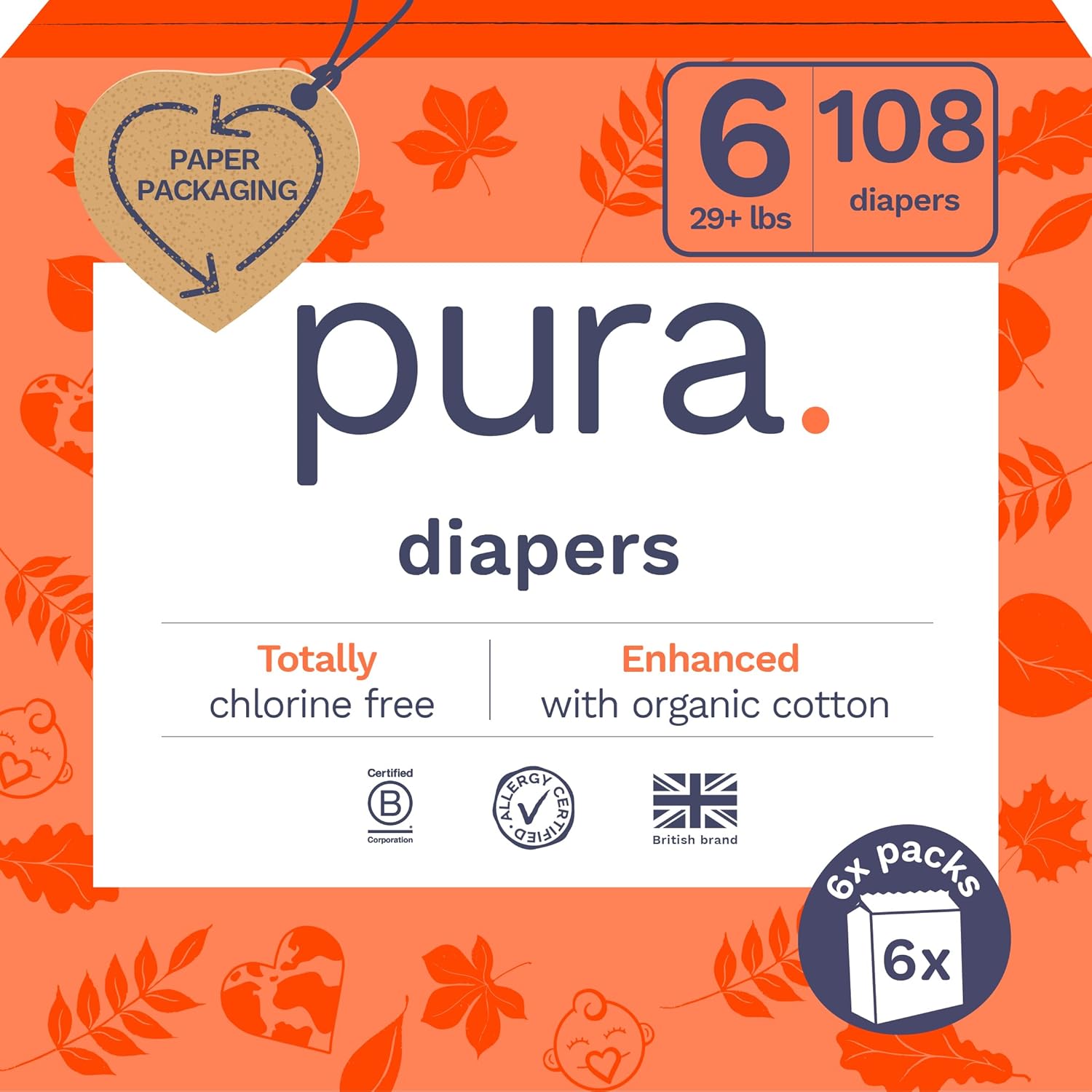 Pura Size 6 Eco-Friendly Diapers (29+ lbs) Hypoallergenic, Soft Organic Cotton, Sustainable, up to 12 Hours Leak Protection, Allergy UK, Recyclable Paper Packaging, 18 Count (Pack of 3) (54 Diapers)