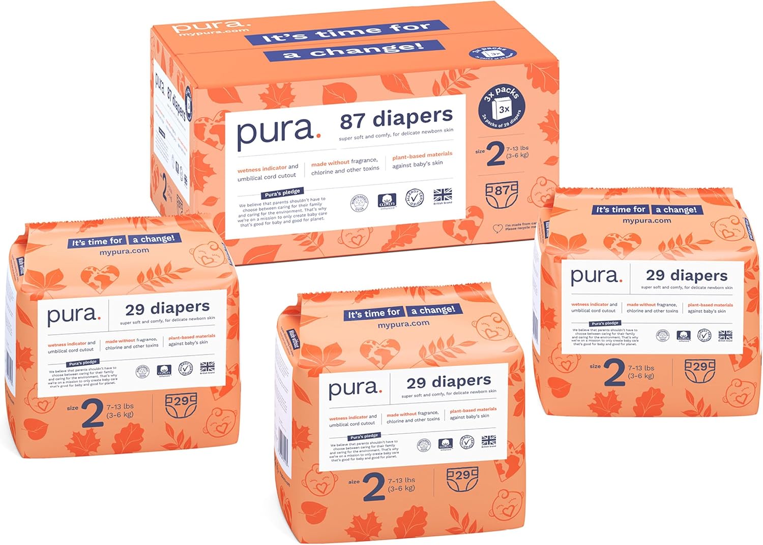 Pura Size 6 Eco-Friendly Diapers (29+ lbs) Hypoallergenic, Soft Organic Cotton, Sustainable, up to 12 Hours Leak Protection, Allergy UK, Recyclable Paper Packaging, 18 Count (Pack of 3) (54 Diapers)