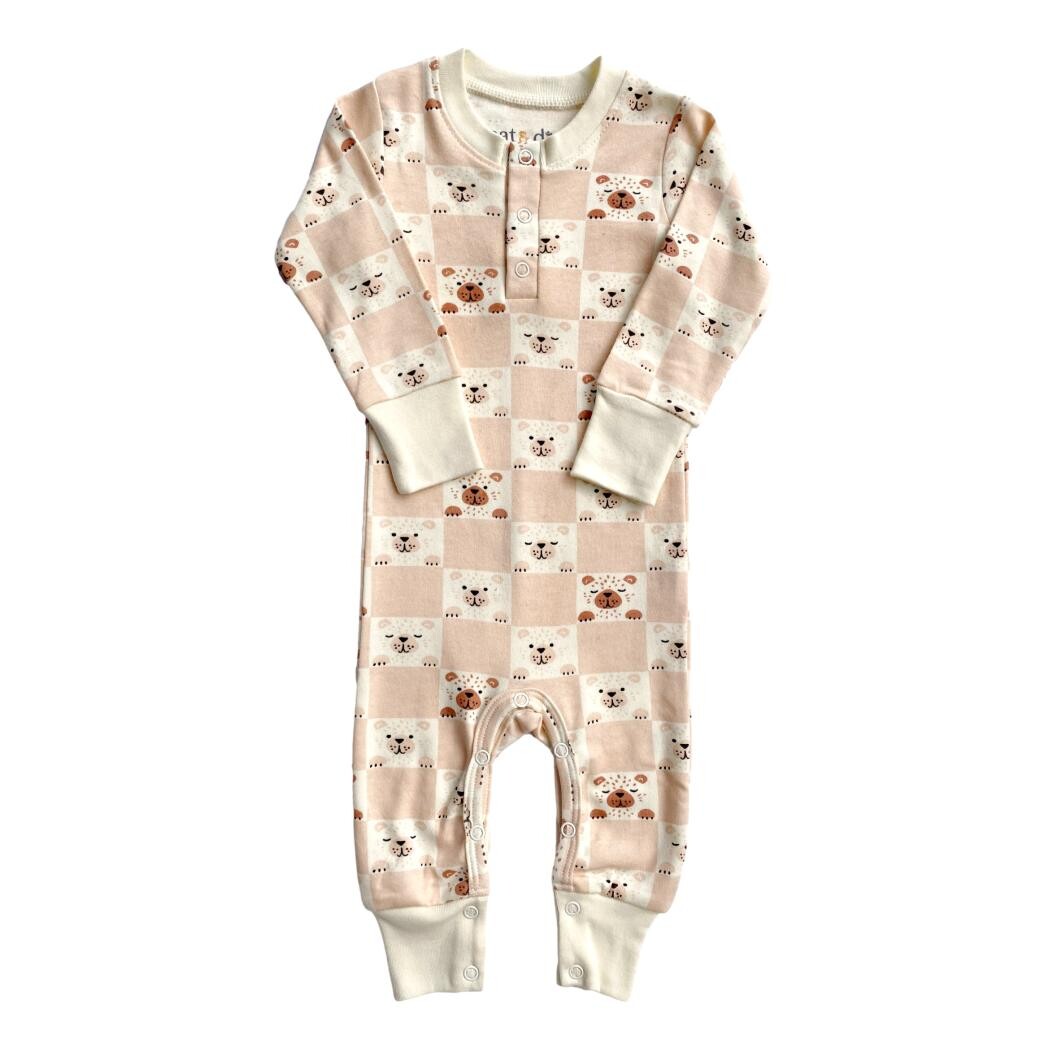 GOTS Certified Organic Cotton Playsuit No Pocket - Checkered Bear