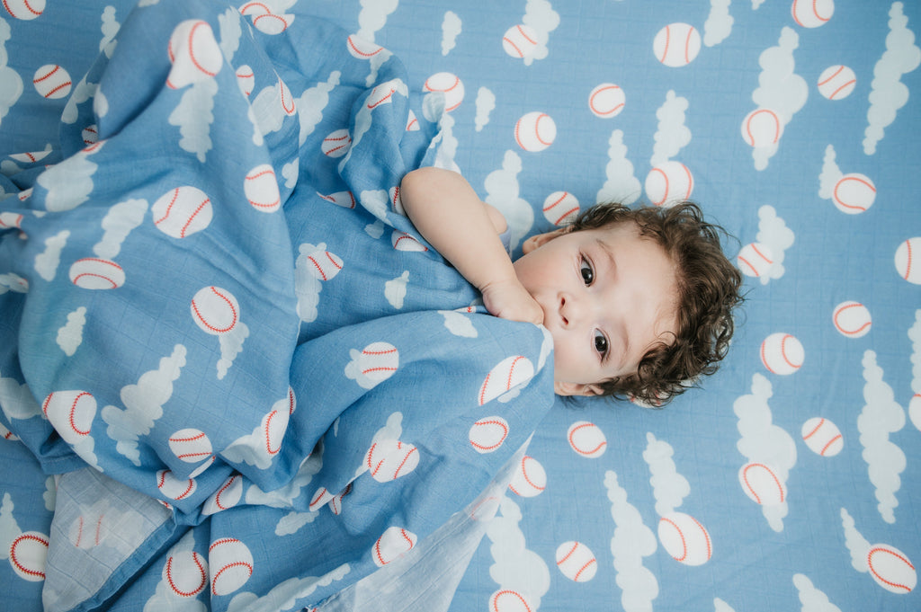 Organic Bamboo Cotton Muslin Crib Sheet in Baseballs in the Sky