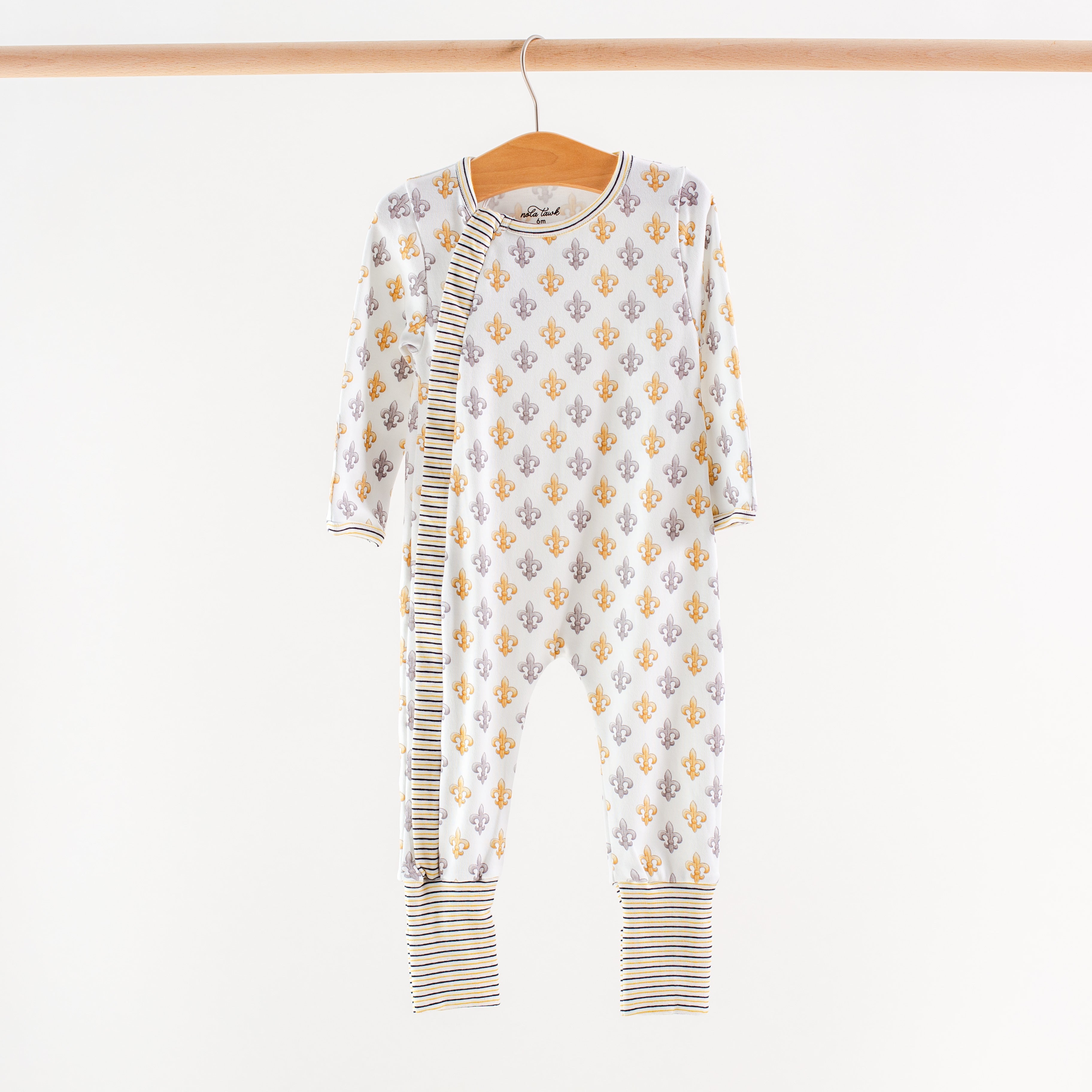 Black and Gold Fleur de Lis Organic Cotton Kids Pajamas (Stripe Trim)