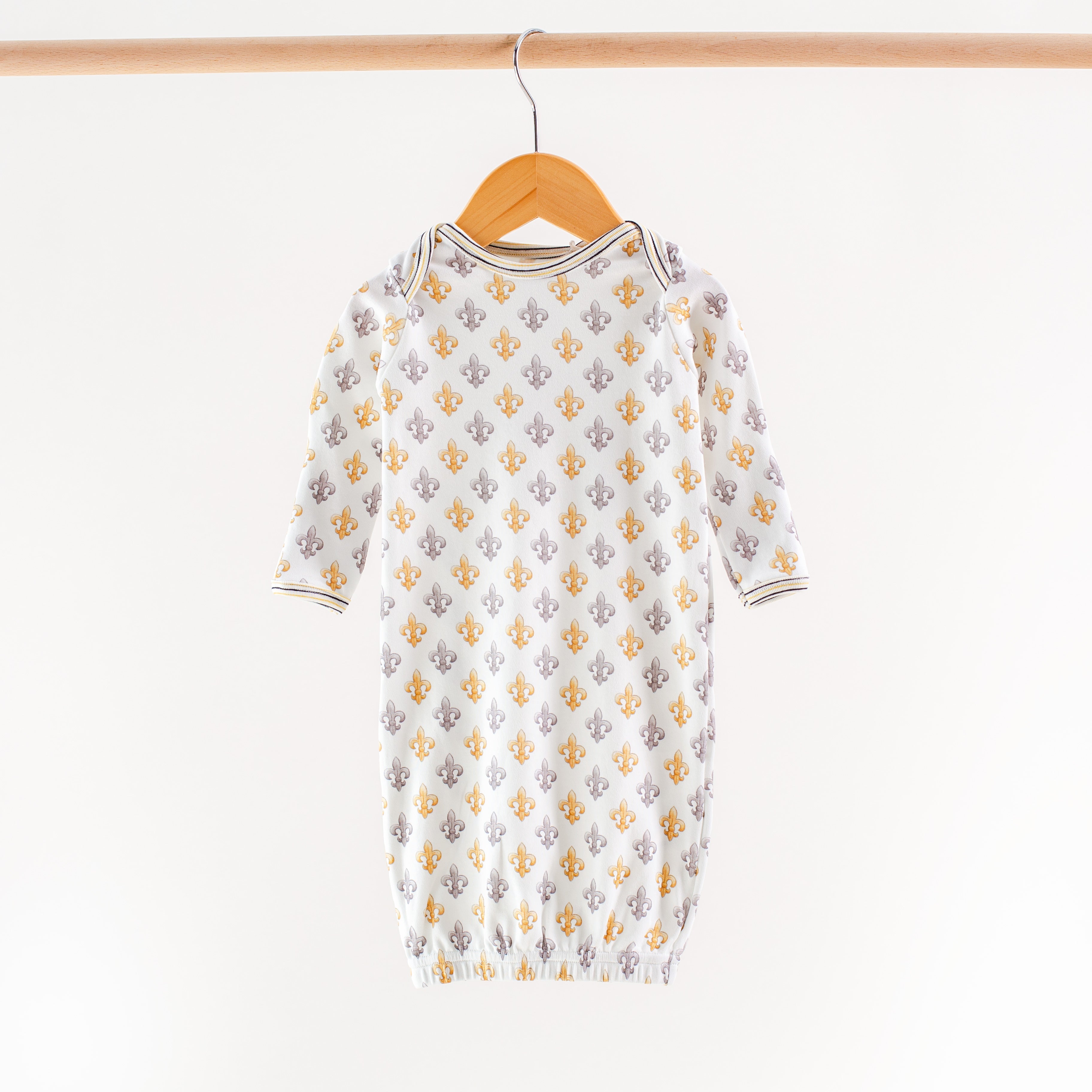 Black and Gold Fleur de Lis Organic Cotton Kids Pajamas (Stripe Trim)