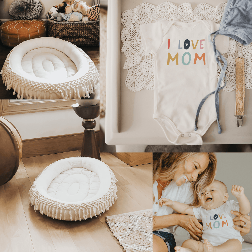 Macrame Oval Play Mat & Love Mom Bodysuit Bundle