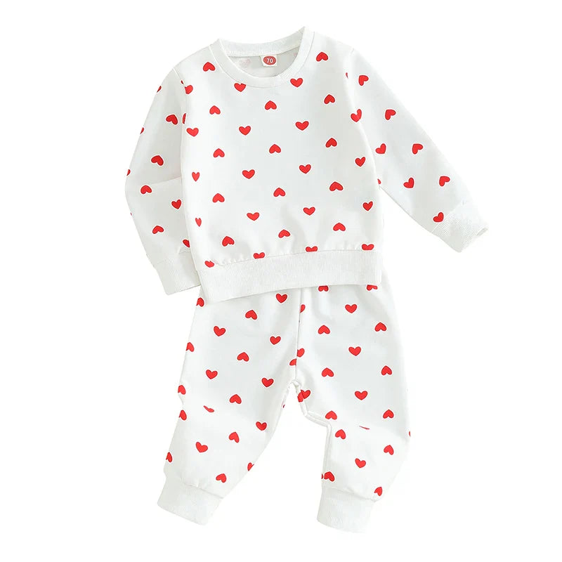 Baby Toddler Girls 2Pcs Clothes Valentine's Day Outfits Long Sleeve Crewneck Heart Print Pants Set