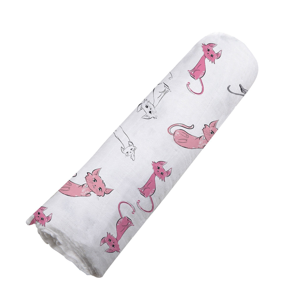 Bamboo Muslin Swaddle Pink Kitty Print Breathable Soft