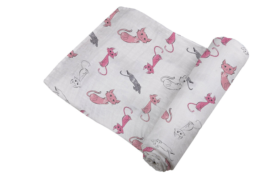 Bamboo Muslin Swaddle Pink Kitty Print Breathable Soft