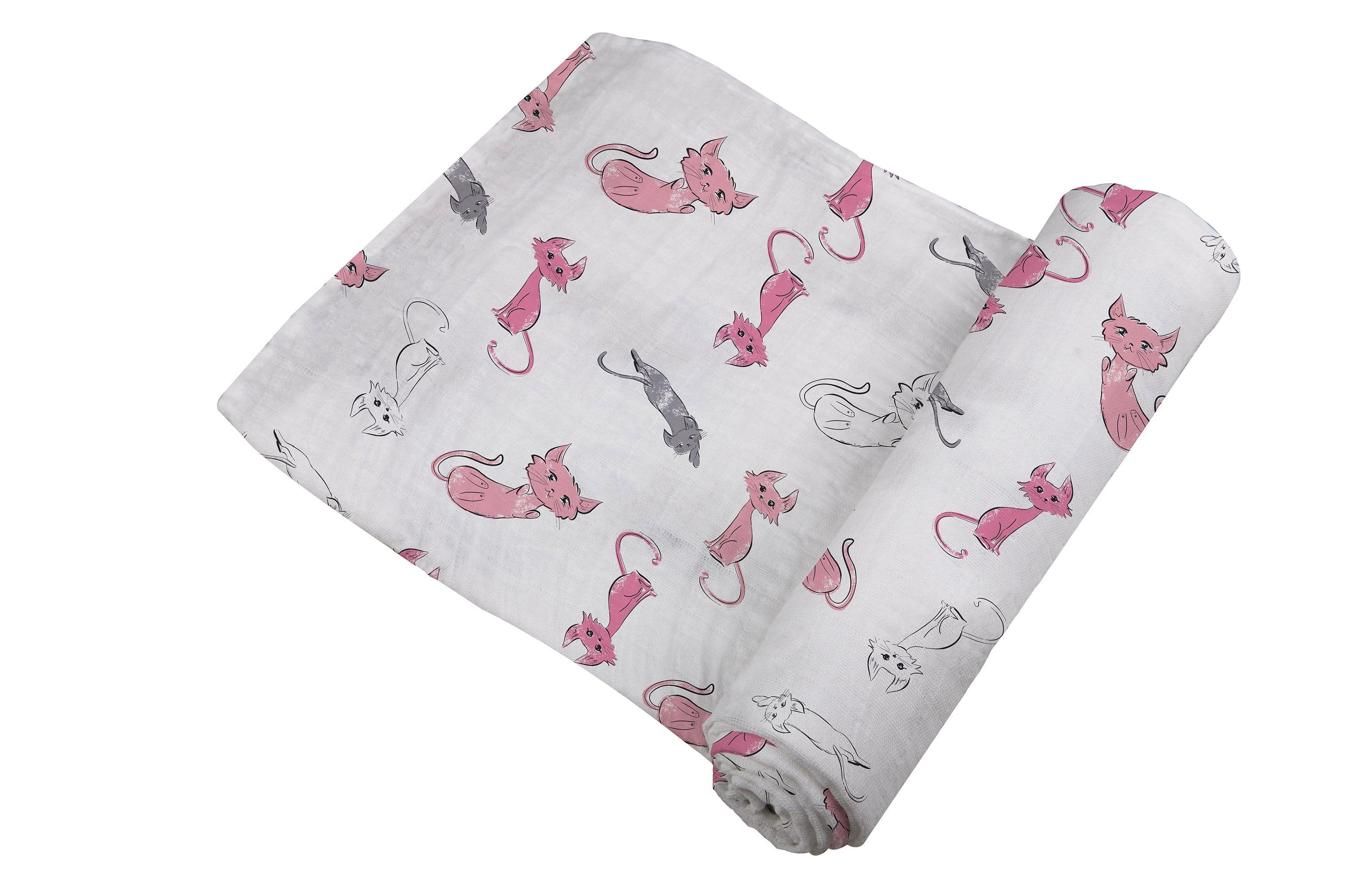 Bamboo Muslin Swaddle Pink Kitty Print Breathable Soft