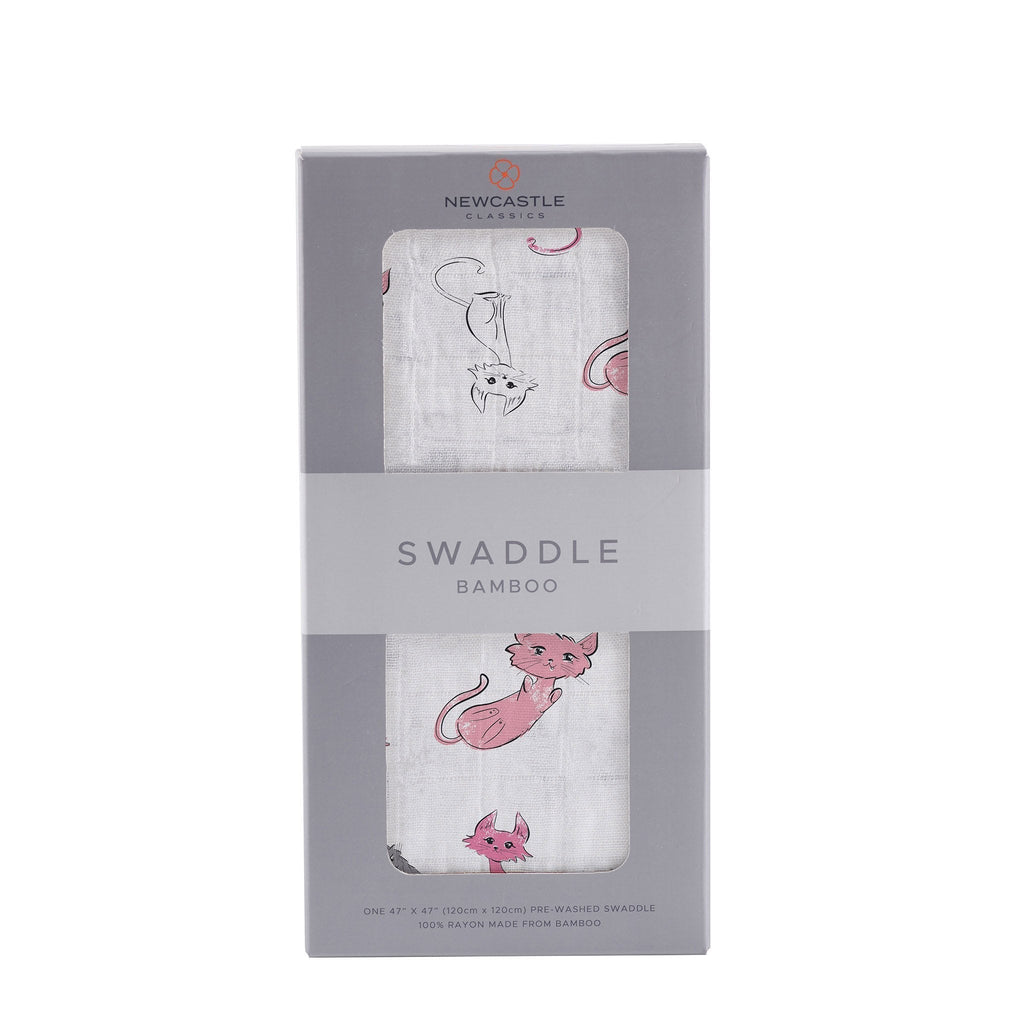 Bamboo Muslin Swaddle Pink Kitty Print Breathable Soft
