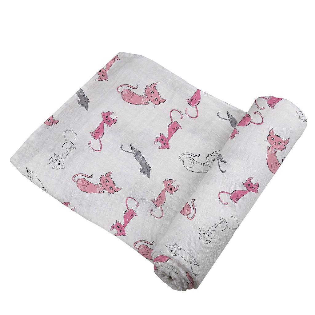 Bamboo Muslin Swaddle Pink Kitty Print Breathable Soft