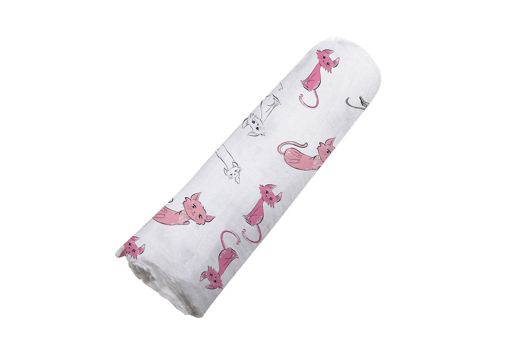 Bamboo Muslin Swaddle Pink Kitty Print Breathable Soft