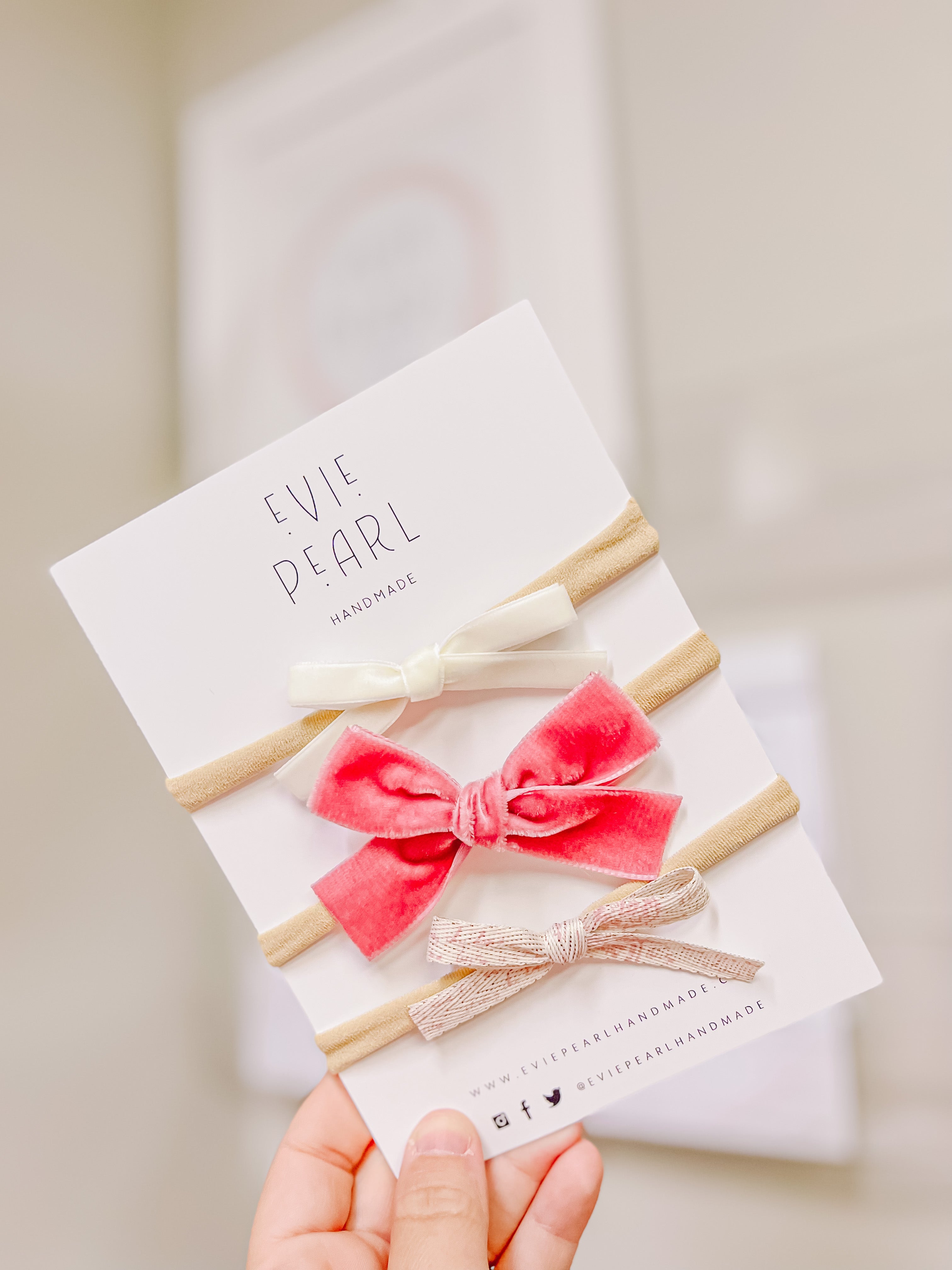 Newborn Baby Trio Headband Set- cream velvet, mauve velvet & pink ribbon