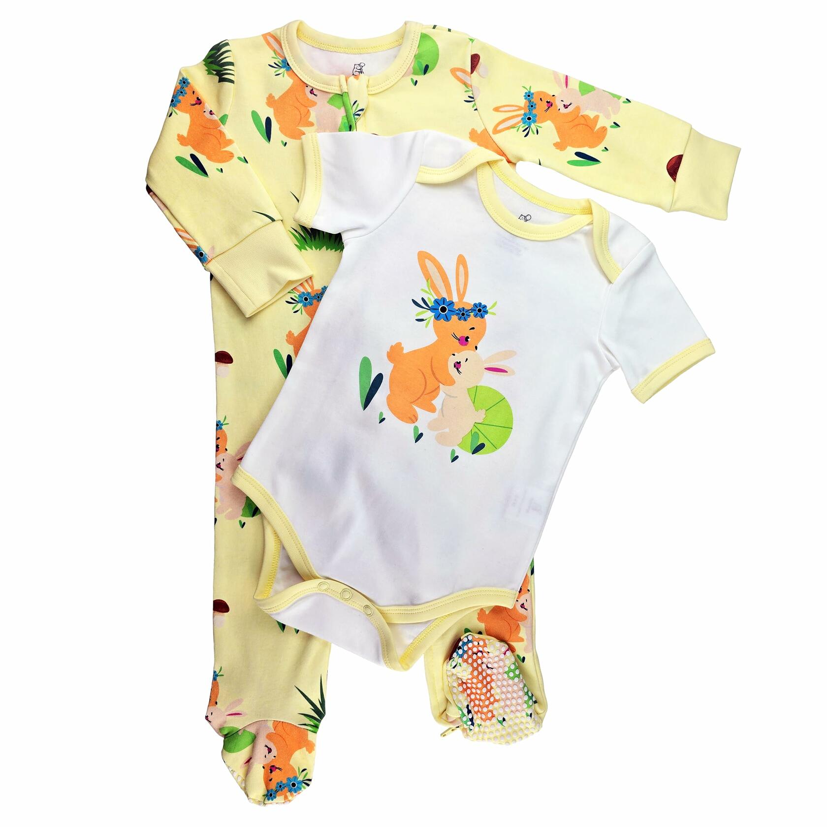 HippoHugs Organic Cotton Baby Sleeveless Footless Romper Yellow Bunny Size 3-6M