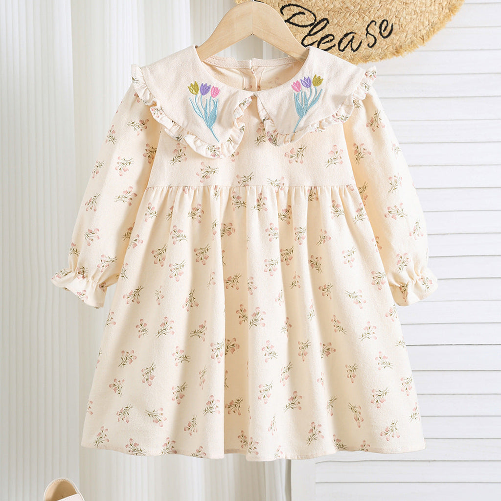 Autumn Arrival Baby Kids Girls Floral Pattern Long Sleeves Dress with
